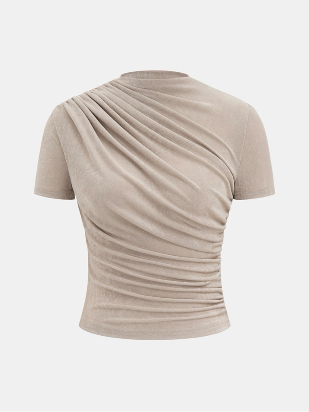 Commense Draped Ruched Short-Sleeve Tee in Taupe